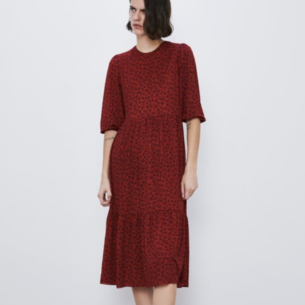 Zara Red & Black Floral Printed Tiered Midi Dress - S